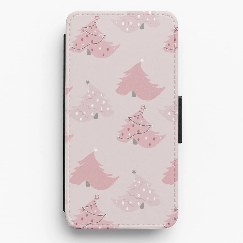 Pink Christmas Tree Pattern Flip / Wallet Phone Case Stylish Edge Soft Edge