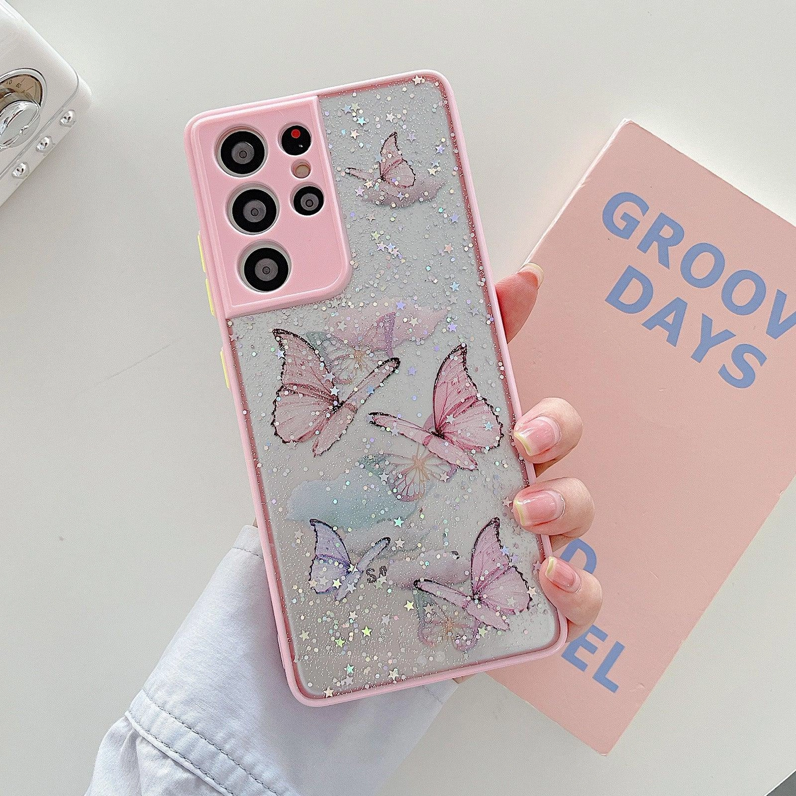 Pink Glitter Butterfly Portable Case