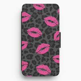 Pink Lipstick Cheetah Print Flip / Wallet Phone Case Shock Resistant Build