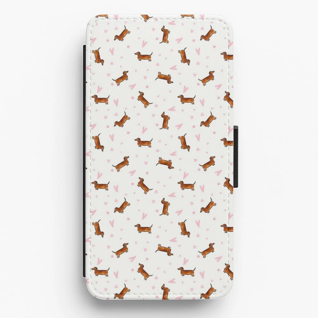 Rugged Surface Compact Shape Dachshund Pattern - White Flip Wallet Phone Case