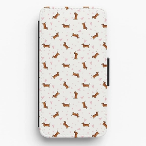 Rugged Surface Compact Shape Dachshund Pattern - White Flip Wallet Phone Case