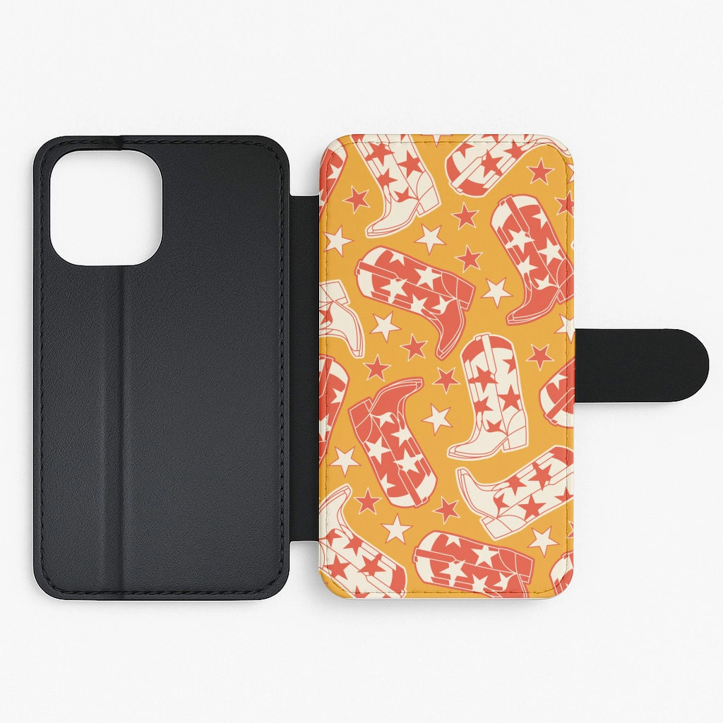 Cartoon Cowboy Boots And Stars Pattern Flip / Wallet Phone Case Premium Build Layer Sleek Detail