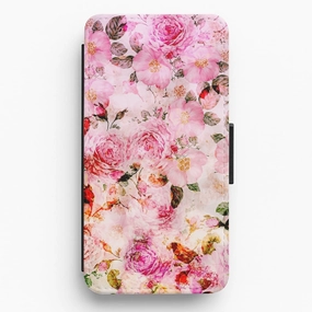 Pretty Pink Chic Floral Pattern Flip Wallet Phone Case Polished Texture Wear resistant