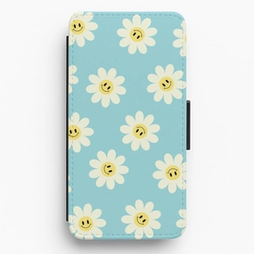 Pastel Blue Smiley Daisies Pattern Flip / Wallet Phone Case Luxury Finish Texture