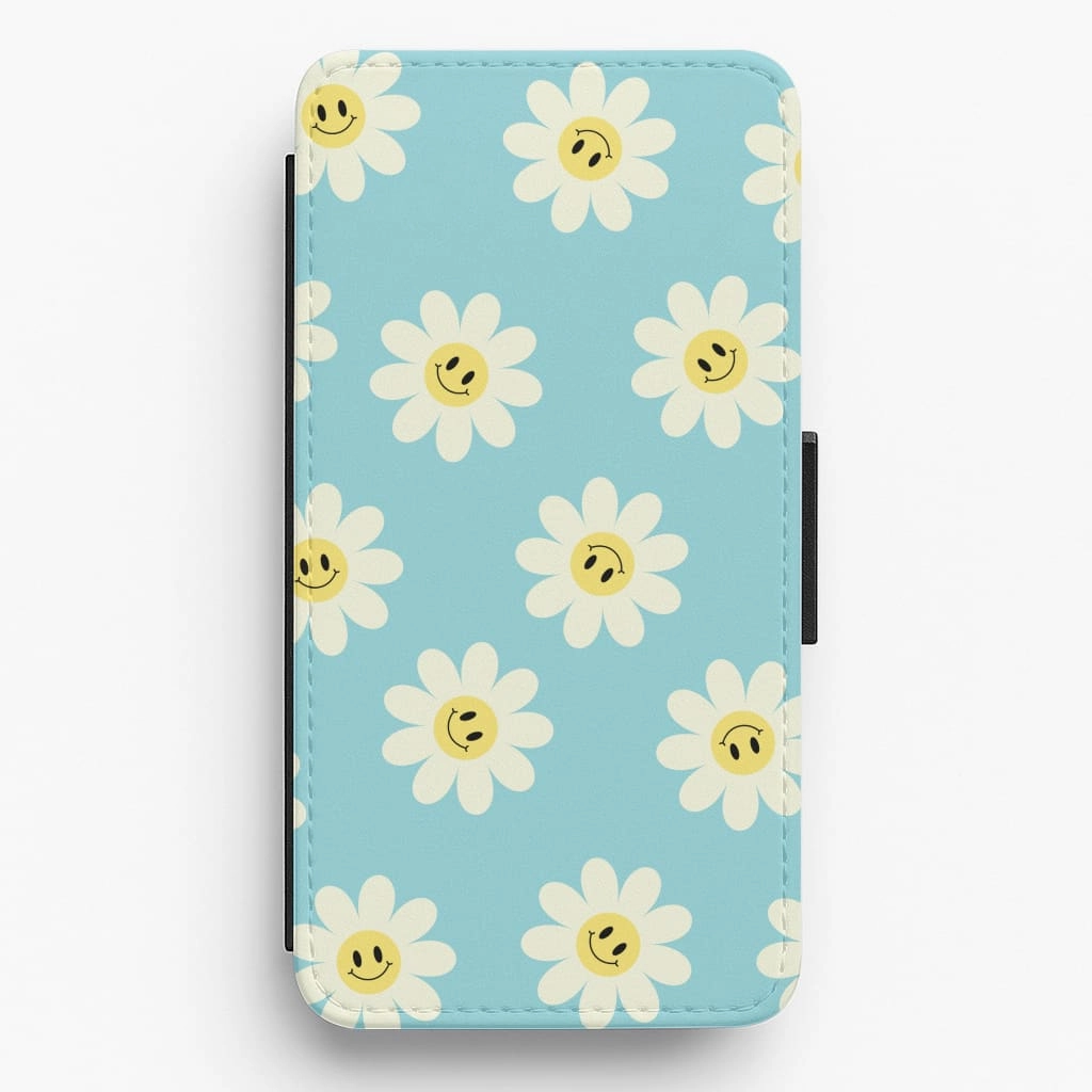Pastel Blue Smiley Daisies Pattern Flip / Wallet Phone Case Luxury Finish Texture