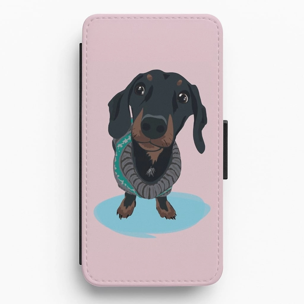 Grip Texture Color Finish Cartoon Dachshund Flip Wallet Phone Case