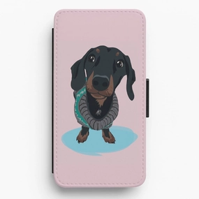 Grip Texture Color Finish Cartoon Dachshund Flip Wallet Phone Case