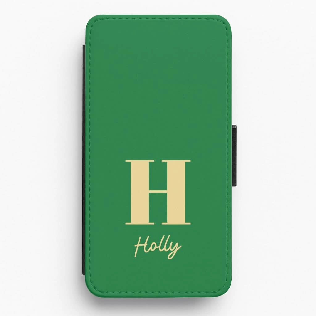 Dark Green Personalised Name Flip / Wallet Phone Case Hybrid Build Texture Matte Layer