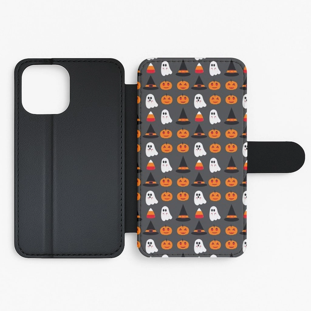 Pumpkin, Ghost, Candy Repeat Flip Wallet Phone Case Smooth Finish Touch Matte Texture Surface