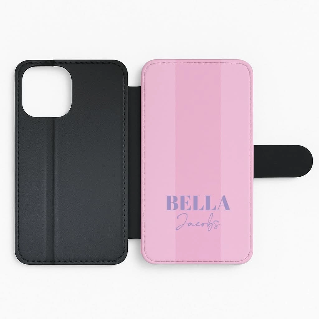 Wear resistant Pink Stripe Personalised Name Flip / Wallet Phone Case