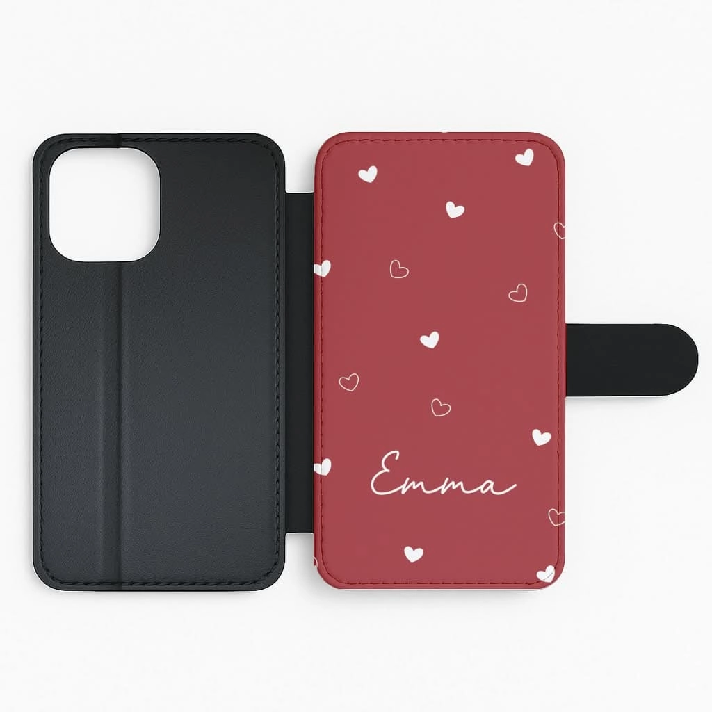 Red Hearts And Outlines Personalised Name Flip / Wallet Phone Case Handy Use Light Build