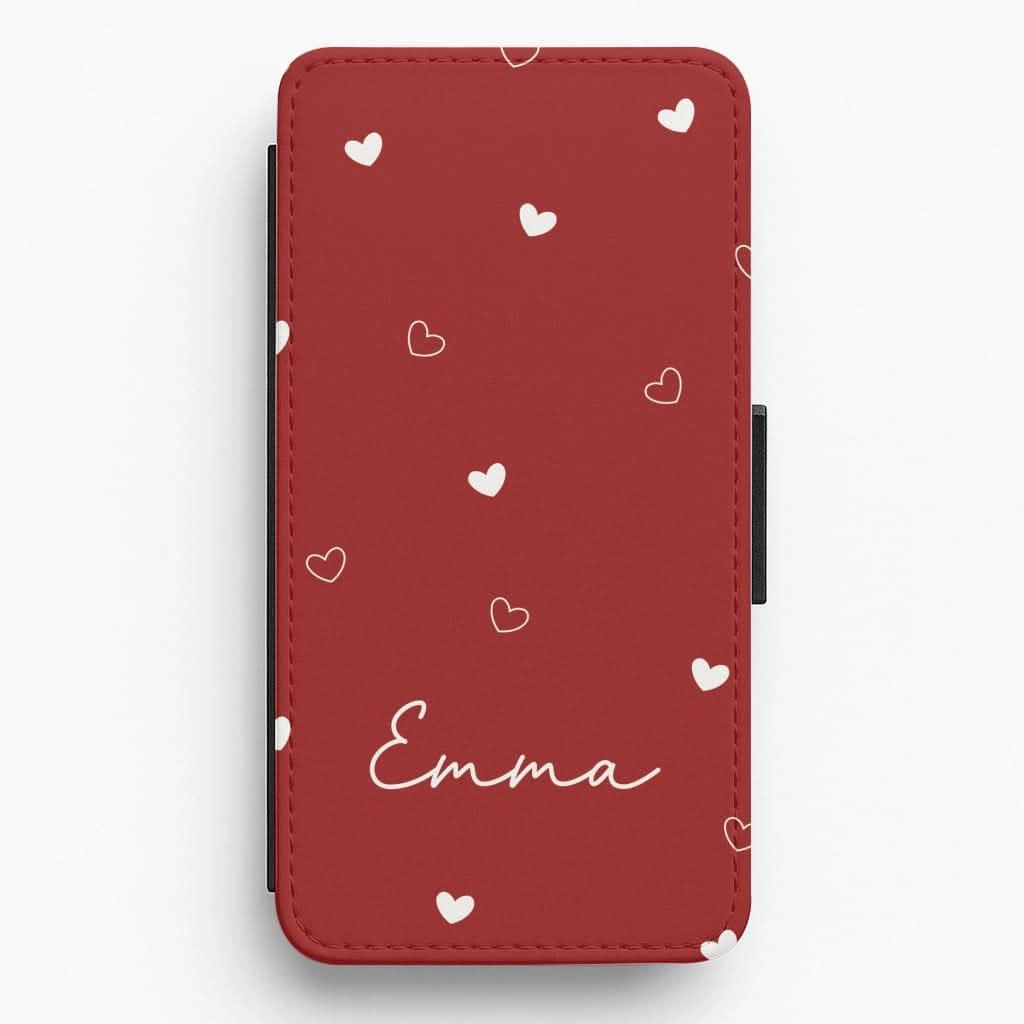 Red Hearts And Outlines Personalised Name Flip / Wallet Phone Case Lightweight Protection