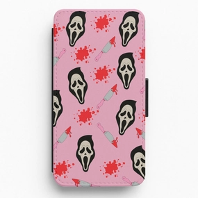 Stylish Layer Protective Frame Design Pink Ghostface Pattern - Scream Flip / Wallet Phone Case