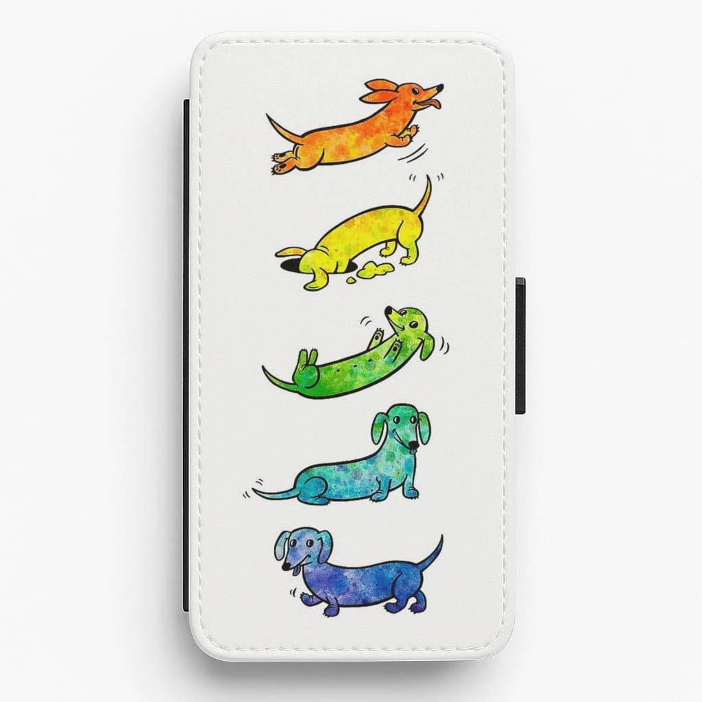 Simple Style Watercolor Rainbow Dachshunds Flip Wallet Phone Case