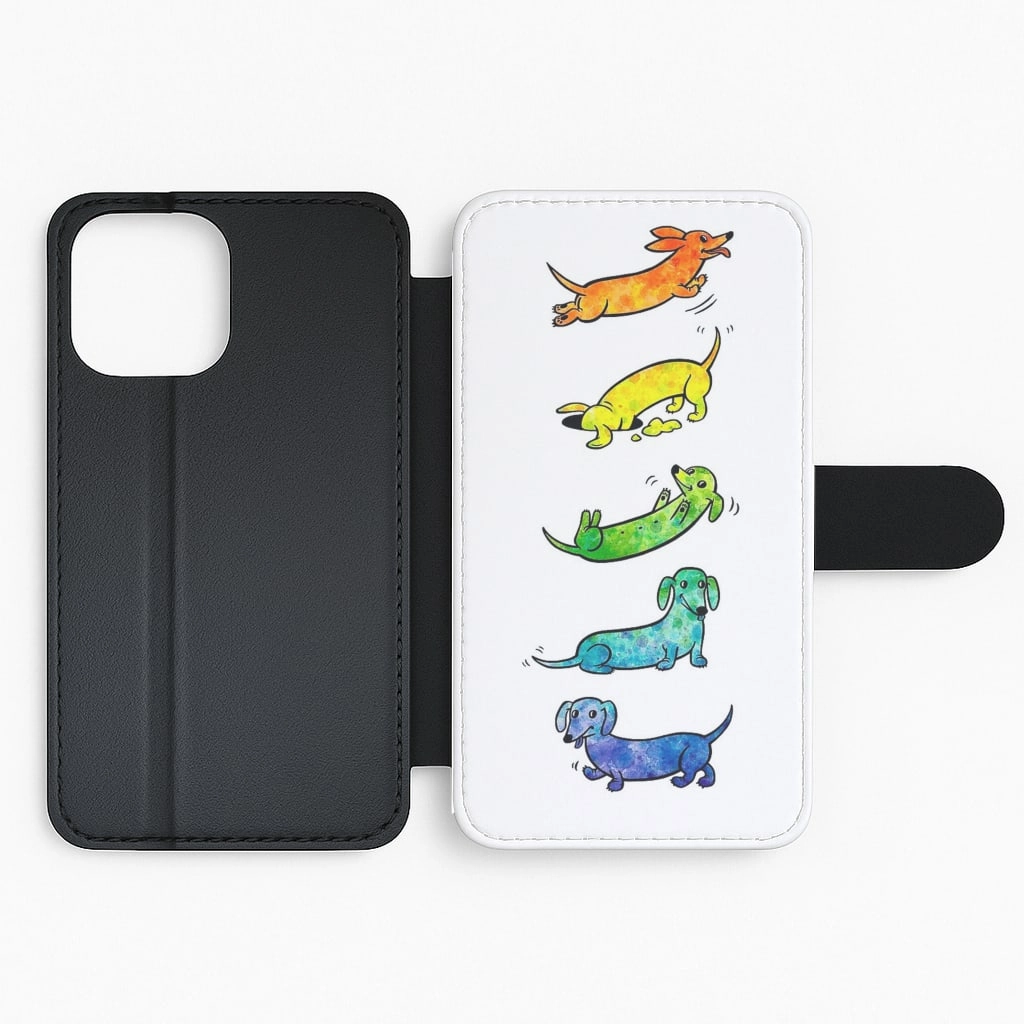 Grip Control Watercolor Rainbow Dachshunds Flip Wallet Phone Case