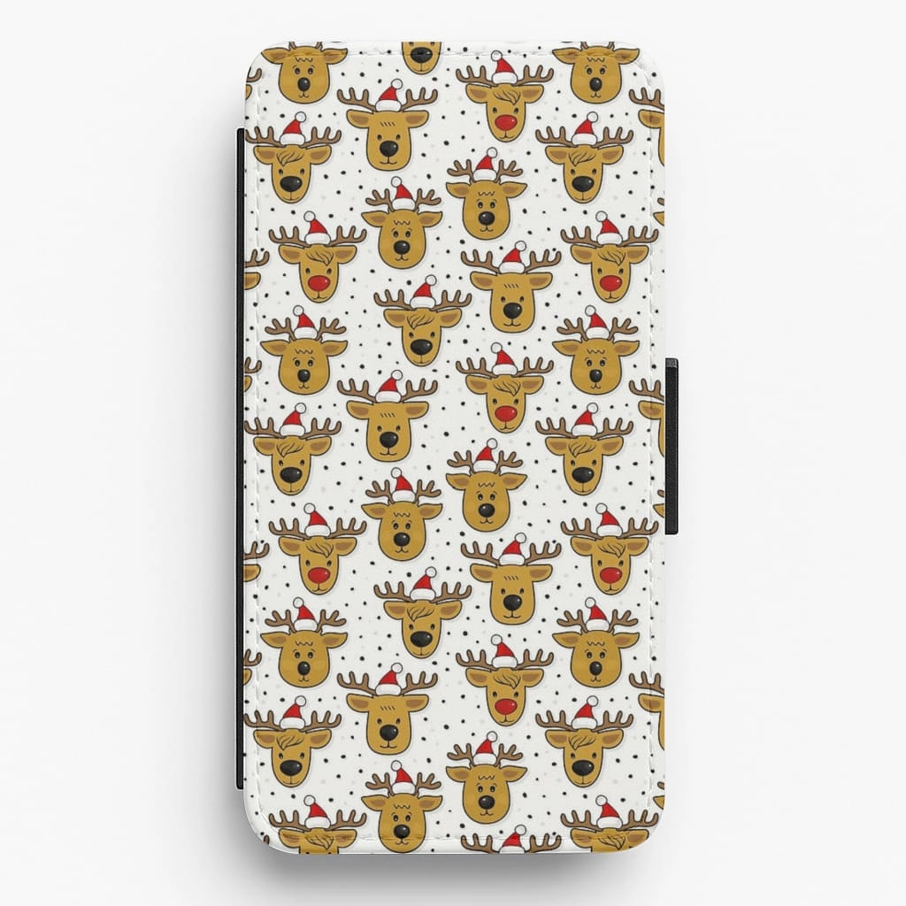 Slim Texture Protective Fit Reindeers In Santa Hats Pattern Flip Wallet Phone Case