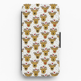 Slim Texture Protective Fit Reindeers In Santa Hats Pattern Flip Wallet Phone Case