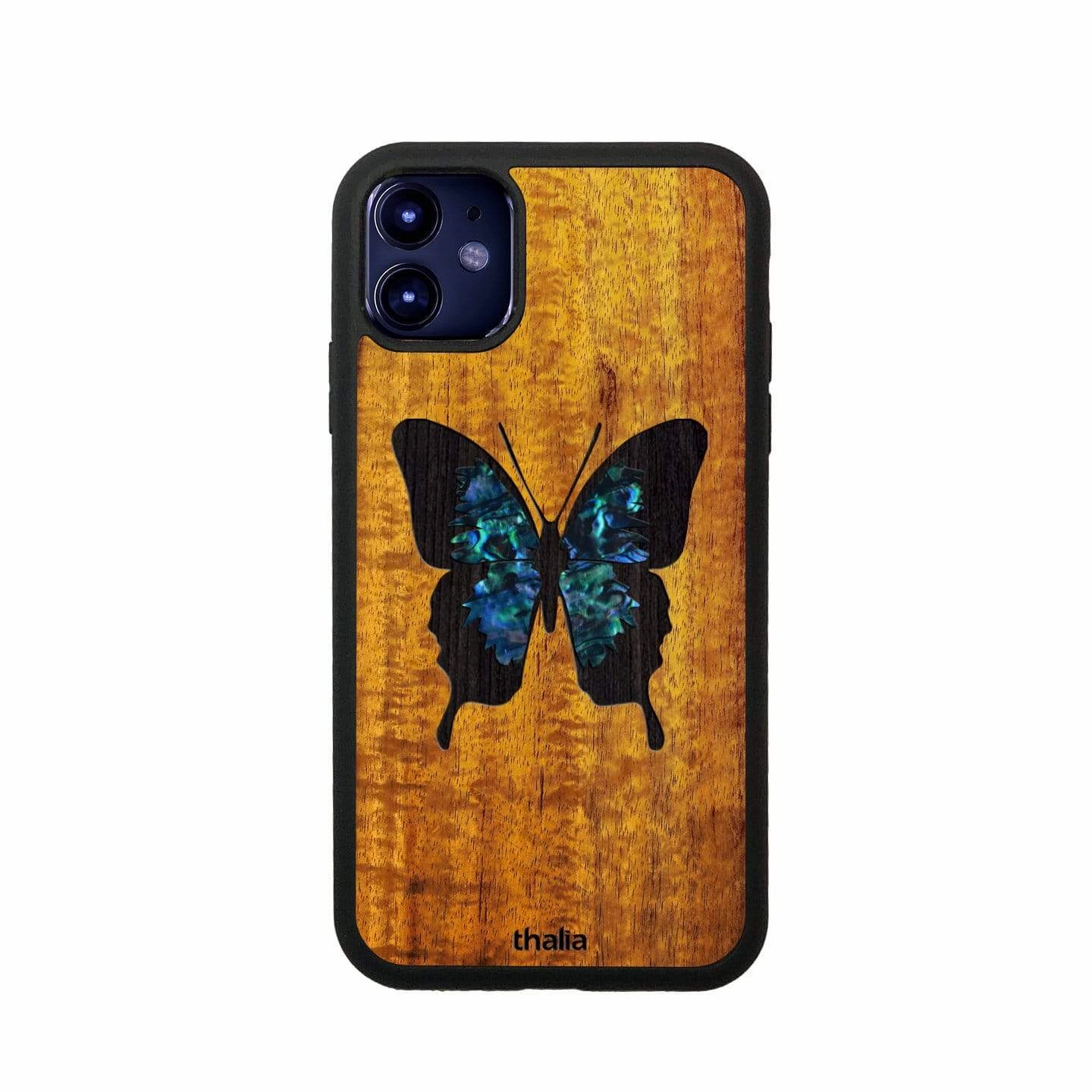 Grip Layer Stylish Color AAA Curly Hawaiian Koa with Blue Abalone Butterfly | iPhone Case