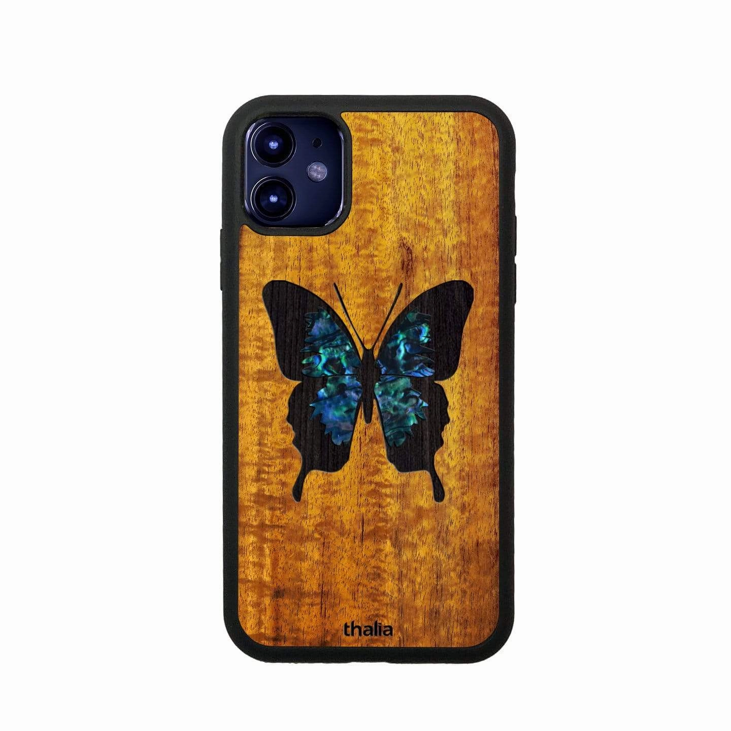 AAA Curly Hawaiian Koa with Blue Abalone Butterfly | iPhone Case Scratchproof Surface