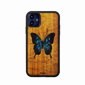 AAA Curly Hawaiian Koa with Blue Abalone Butterfly | iPhone Case Impact Cushion Drop Shield