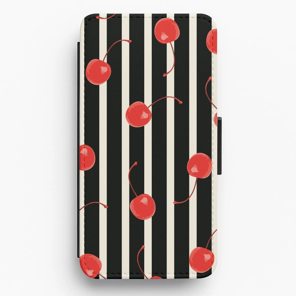 Black And White Stripes With Cherries Flip / Wallet Phone Case Smooth Grip Gloss Surface