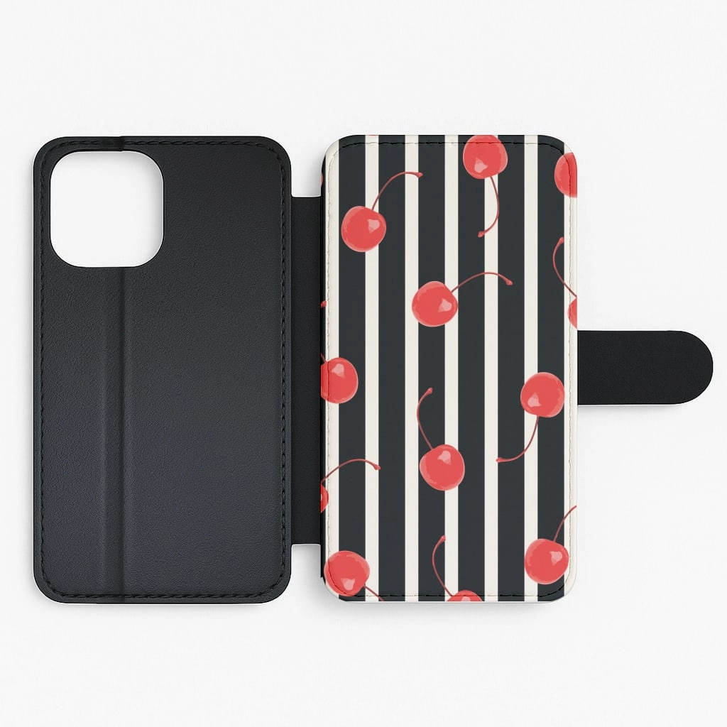 Vibrant pattern Black And White Stripes With Cherries Flip / Wallet Phone Case