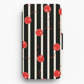 Black And White Stripes With Cherries Flip / Wallet Phone Case Smooth Grip Gloss Surface