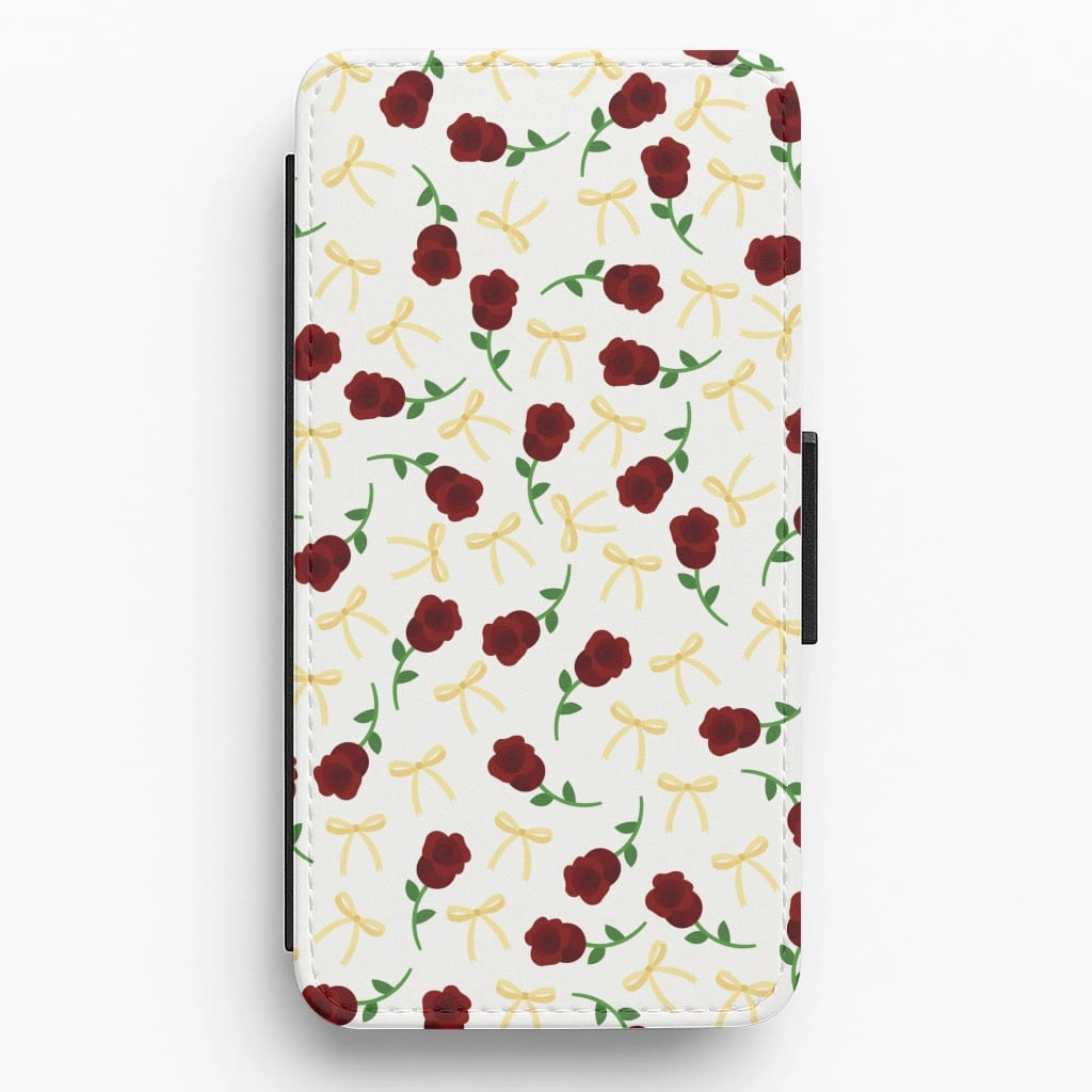 Roses And Bows Pattern Flip / Wallet Phone Case Protective Edge Layer Rugged Design Style