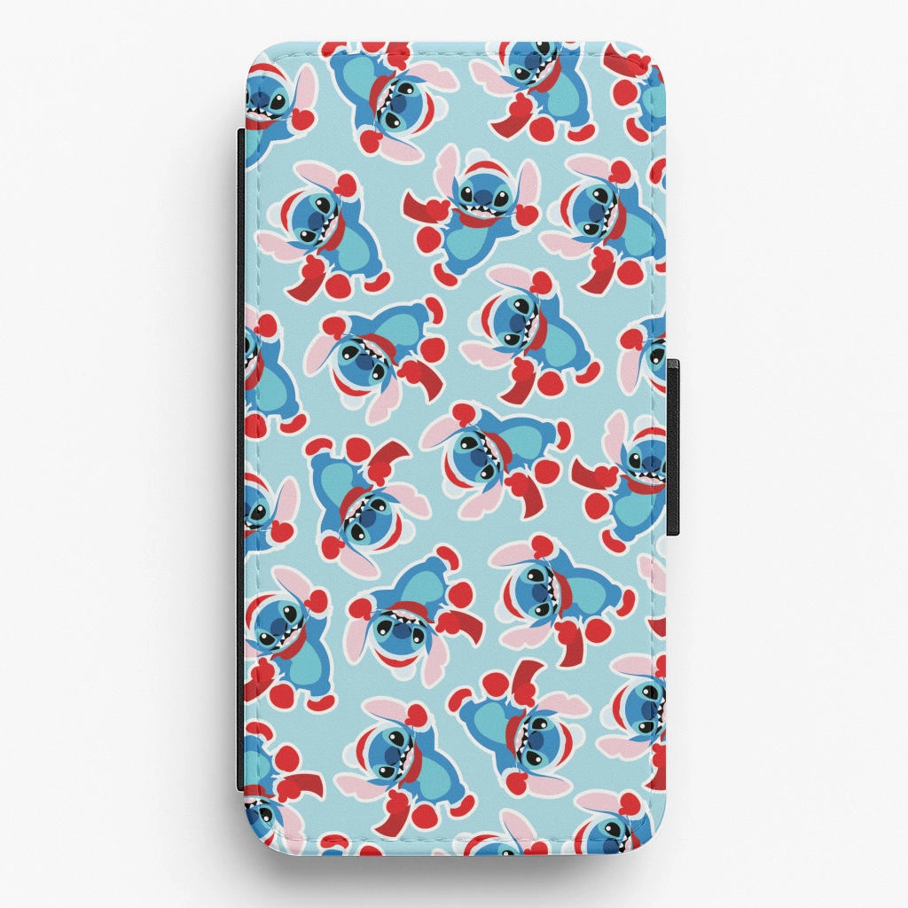 Blue Alien Christmas Pattern Flip / Wallet Phone Case Edge Shield Durable Build