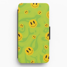 Green Wavey Smileys Pattern Flip / Wallet Phone Case Matte Texture