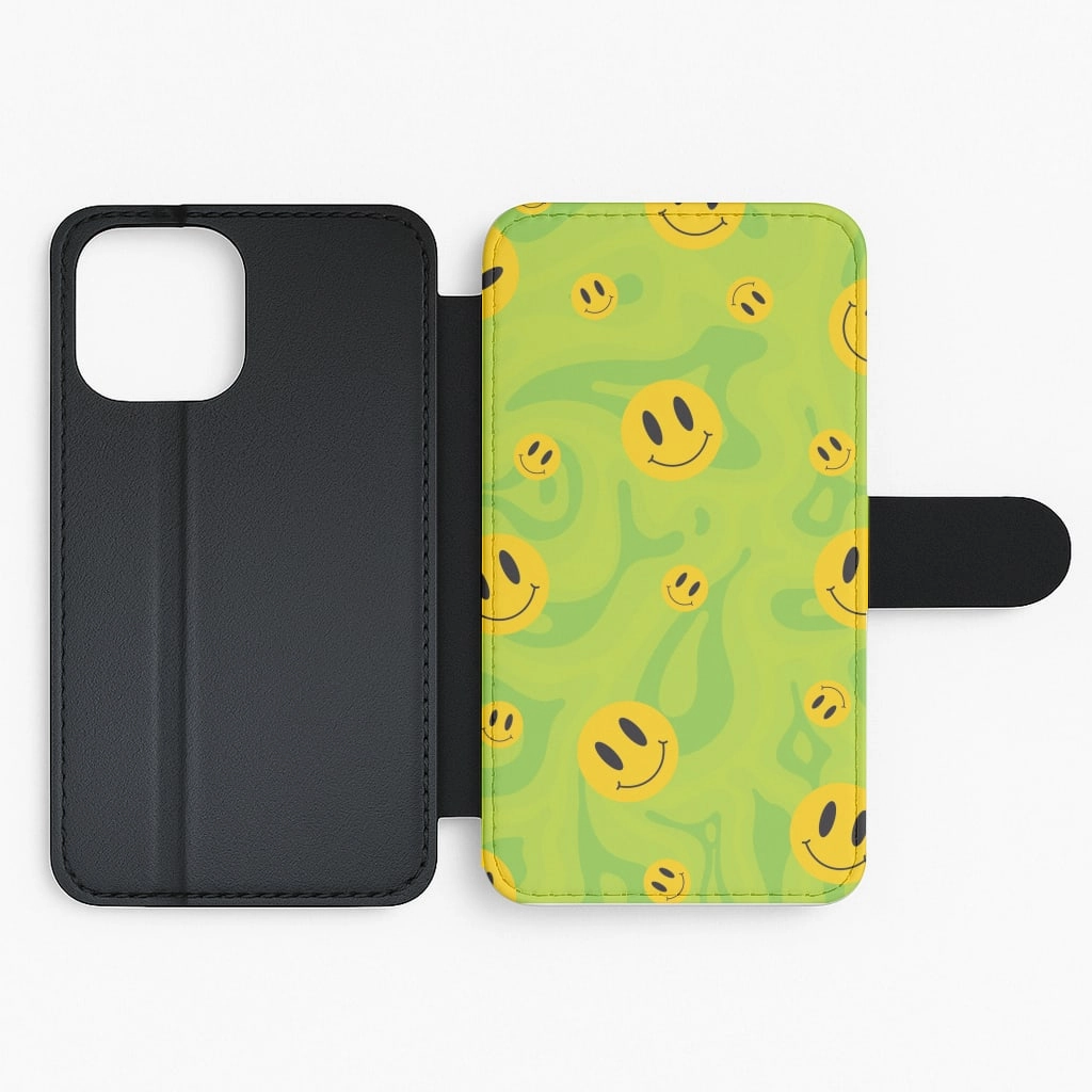 Transparent Shell Green Wavey Smileys Pattern Flip / Wallet Phone Case