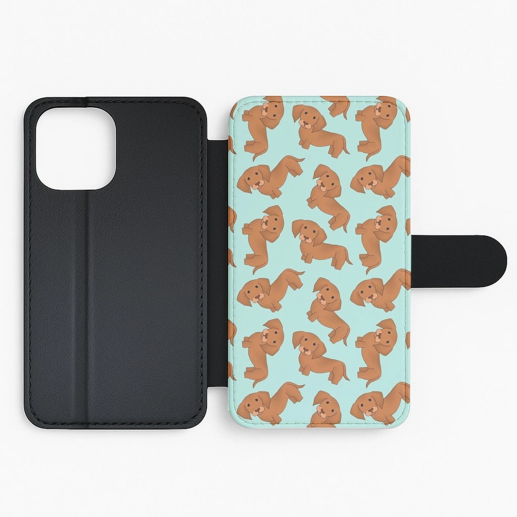 Color Accent Matte Pattern Design Sausage Dog Pattern Flip Wallet Phone Case