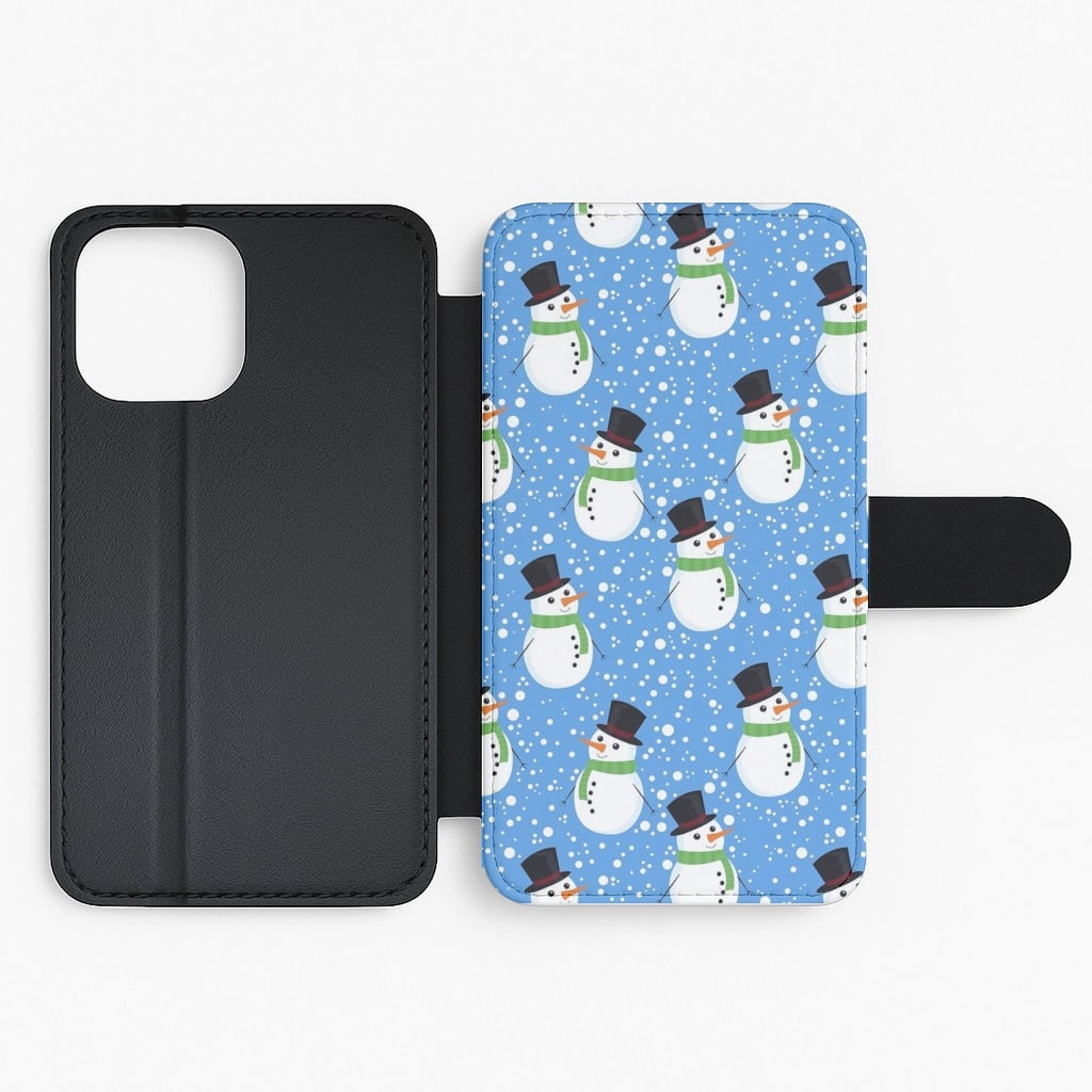 Blue Snowman Pattern Flip Wallet Phone Case Classic Frame Compact Fit