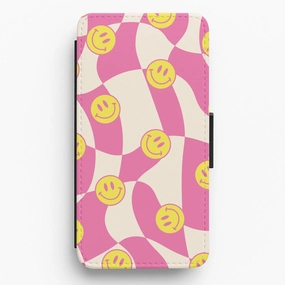 Smiley Checkboard - Trippy Patterns Flip / Wallet Phone Case Carbon Fiber Shock Absorber
