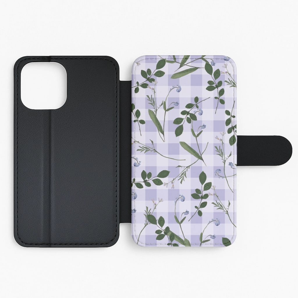 Checkered Pressed Flowers Pattern Flip / Wallet Phone Case Durable Material