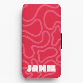 Red And Pink Squiggles Personalised Name Flip / Wallet Phone Case Modern Grip Texture