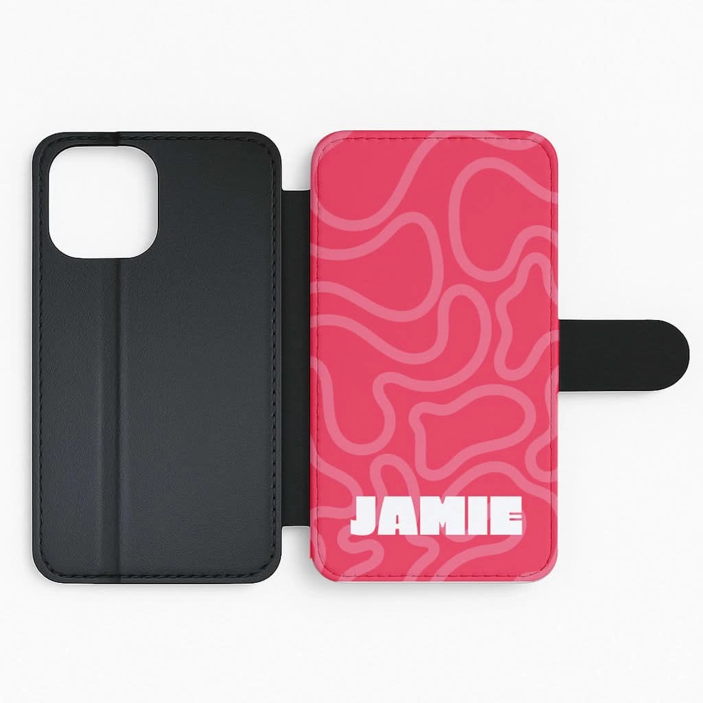 Red And Pink Squiggles Personalised Name Flip / Wallet Phone Case Smooth Texture Pattern