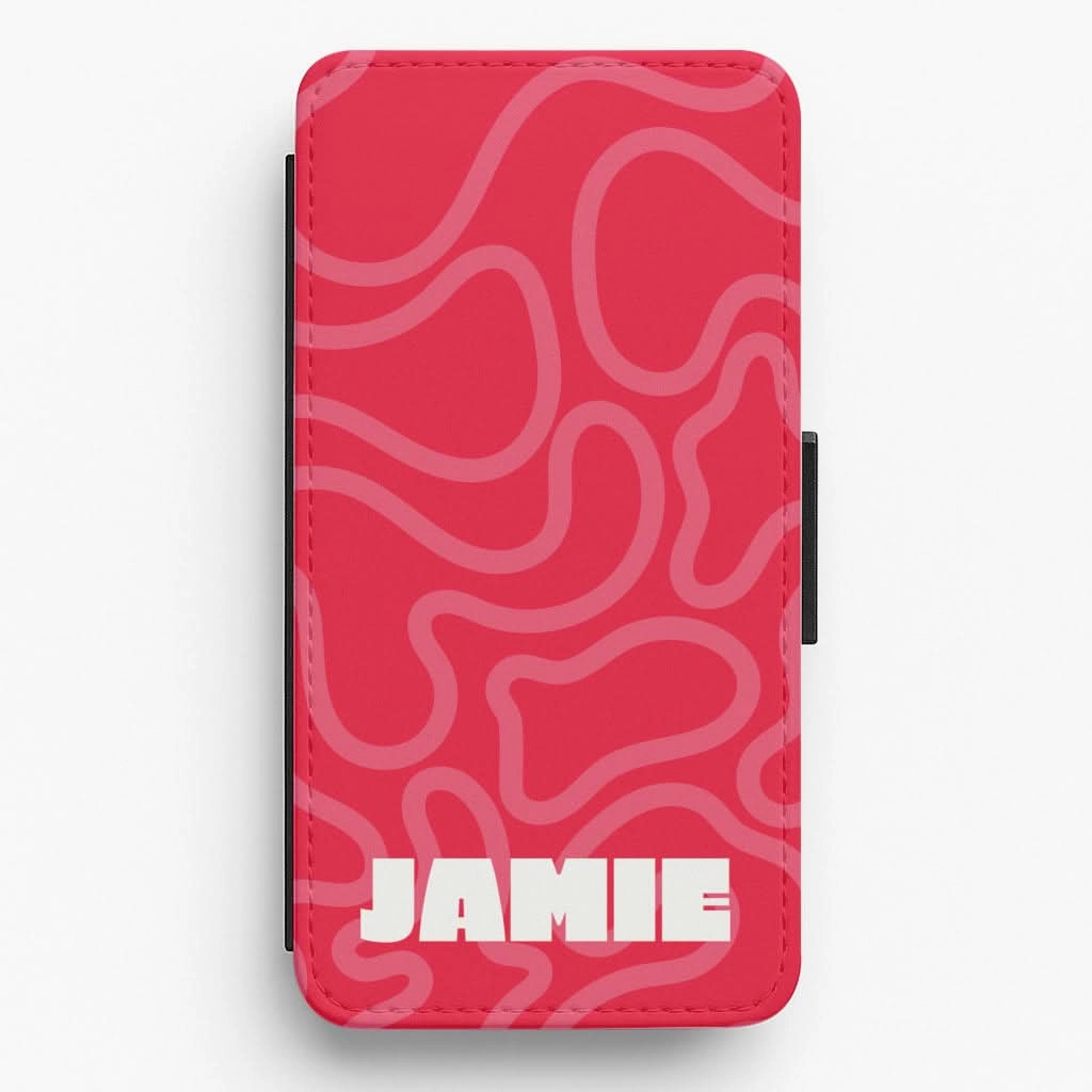 Red And Pink Squiggles Personalised Name Flip / Wallet Phone Case Modern Grip Texture