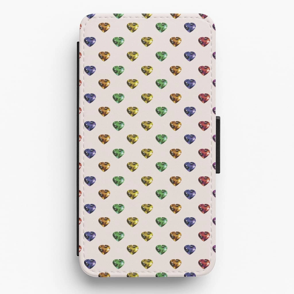 Vivid Detail Rainbow Gem Hearts Pattern Flip / Wallet Phone Case