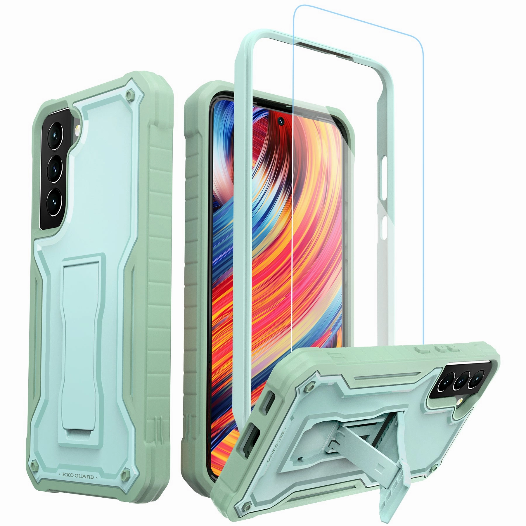 ExoGuard for Samsung Galaxy S22 Series Case, Rubber Shockproof Heavy Duty Case with Screen Protector Built-in Kickstand for Samsung S22 / Samsung S22 Plus / Samsung S22 UltraS22 Ultra Does not come with a screen protector Soft Shape Durable Design Texture