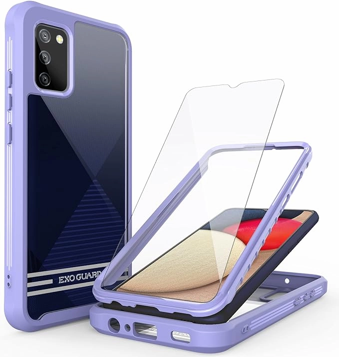 Soft Detail Ergonomic Feel ExoGuard Samsung Galaxy A02S Case Comes with Screen Protector, Clear Hard Back Shockproof Full Body Coverage Phone Case for Samsung A02S