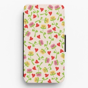 Smart Accessory Hard Plastic Smiley Tulips And Hearts Pattern Flip / Wallet Phone Case