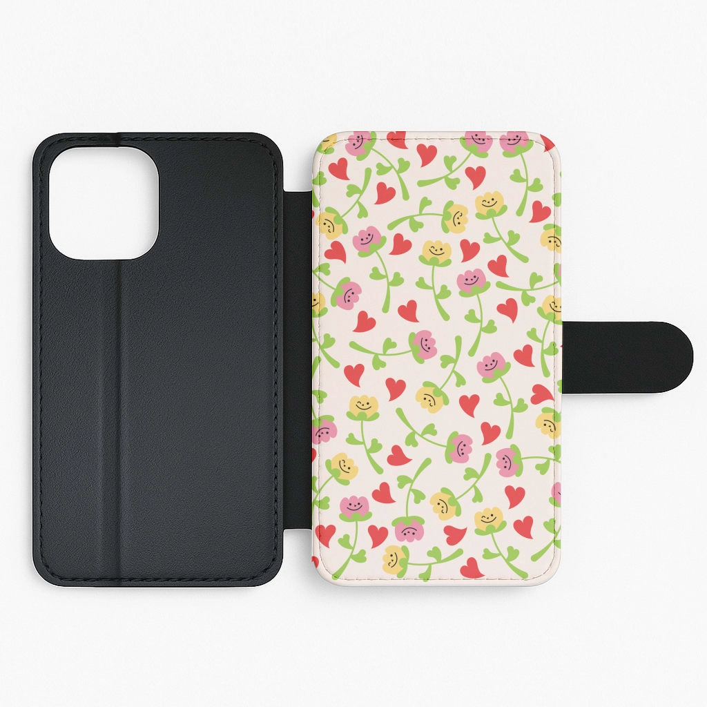Colorful Accent Comfort Pattern Texture Smiley Tulips And Hearts Pattern Flip / Wallet Phone Case