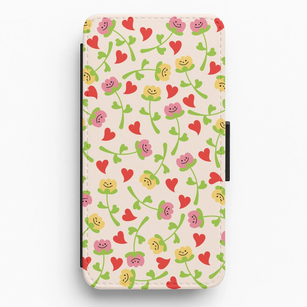Smart Accessory Hard Plastic Smiley Tulips And Hearts Pattern Flip / Wallet Phone Case