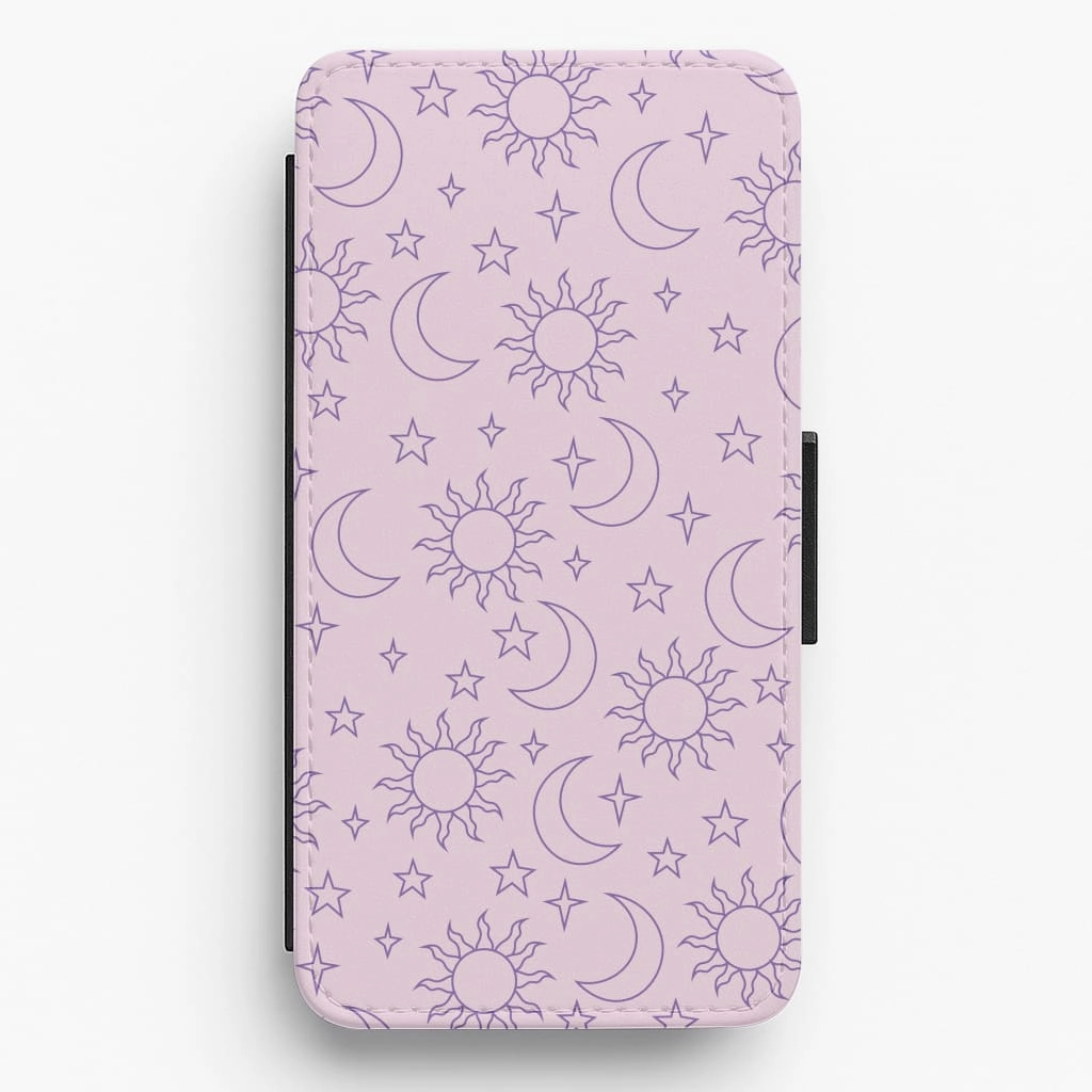 Lightweight texture Sun, Moon And Stars Pattern Mauve Flip / Wallet Phone Case
