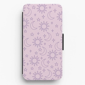 Lightweight texture Sun, Moon And Stars Pattern Mauve Flip / Wallet Phone Case