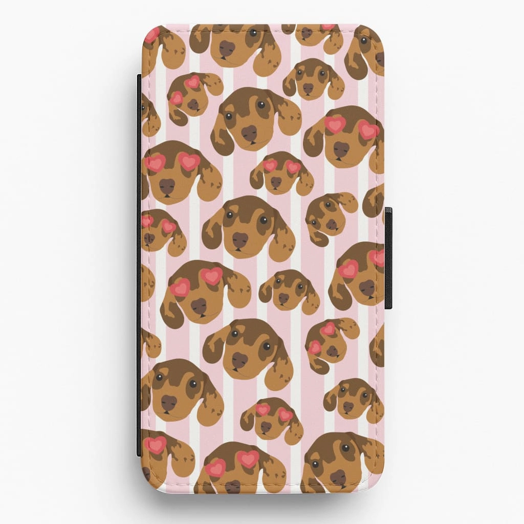 Premium Build Layer Stripes And Dachshunds Pattern Flip / Wallet Phone Case