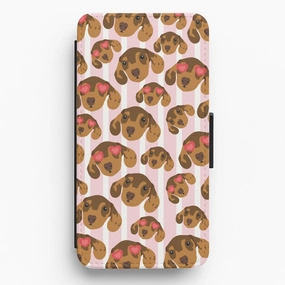 Premium Build Layer Stripes And Dachshunds Pattern Flip / Wallet Phone Case