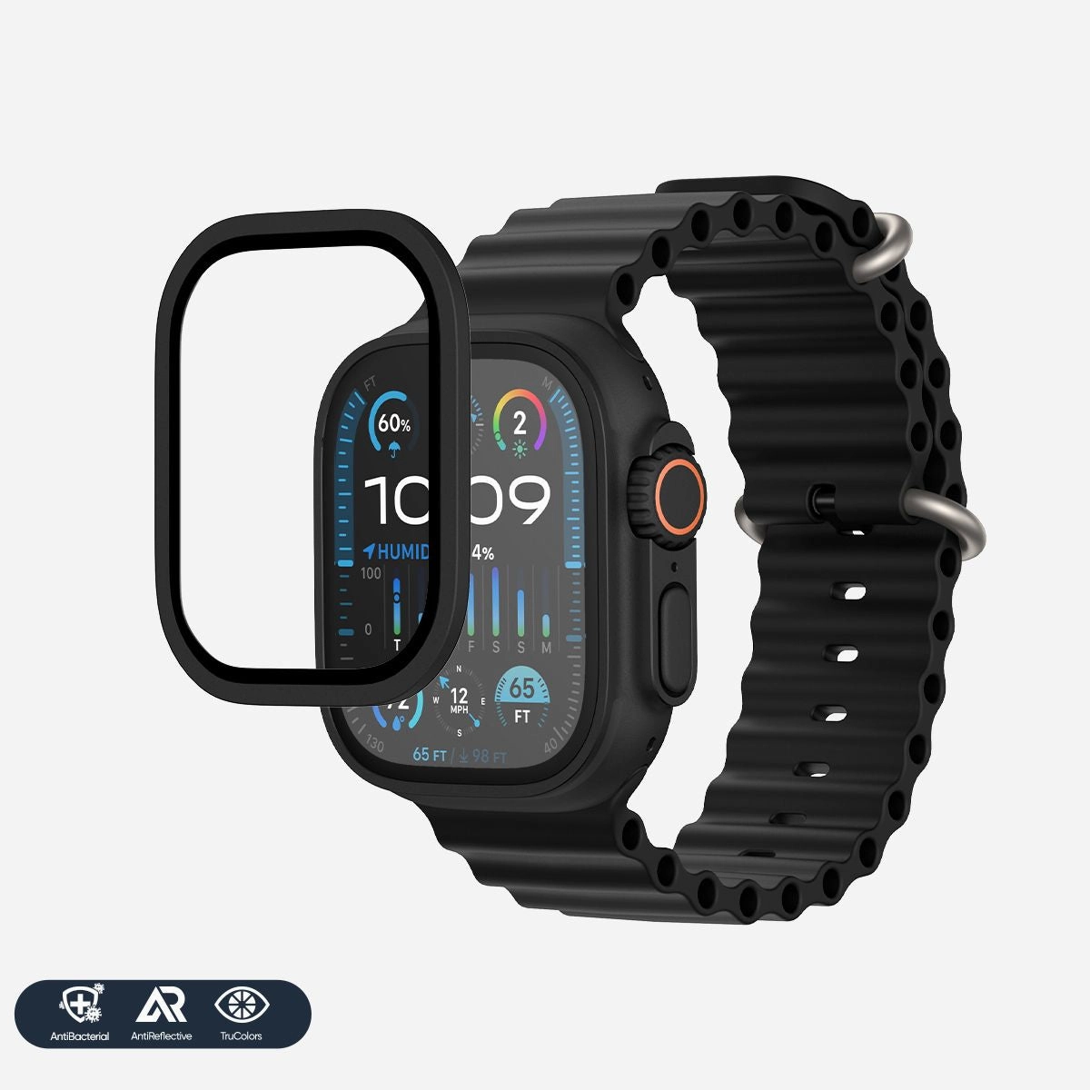 NanoArmour for Apple Watch Ultra 3 / Ultra 2 / Ultra 1 with ClearVue Anti-Reflective Tempered Glass Screen Protector: Aluminum Frame, Antimicrobial anti fingerprint glass