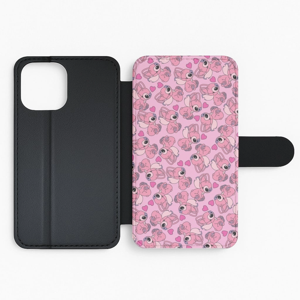 Love Heart Pattern - Pink Alien Flip / Wallet Phone Case Strong Grip
